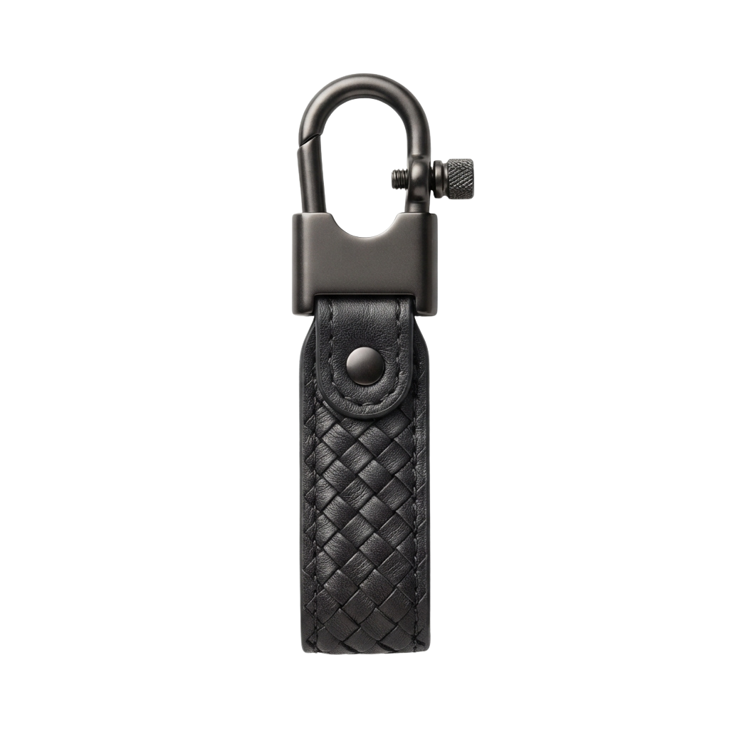 A black leather key fob attached to a metal carabiner hook, displayed against a dark background