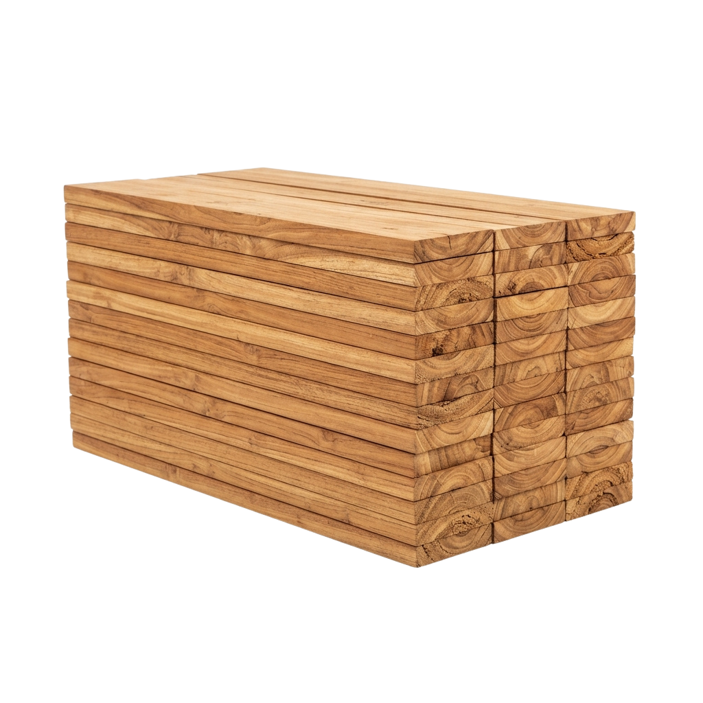 A rectangular wooden box made of horizontal slats and vertical planks, giving it a rustic appearance