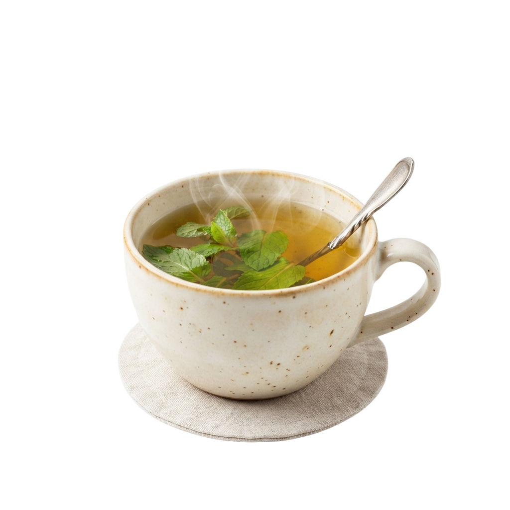 A ceramic mug filled with steaming herbal tea garnished with fresh mint leaves and a spoon