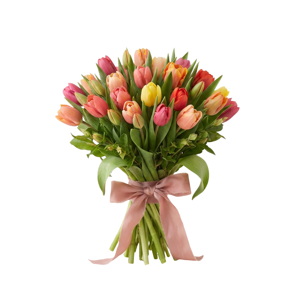 A vibrant bouquet of tulips in pink, orange, and yellow hues wrapped with a pink ribbon on a black background