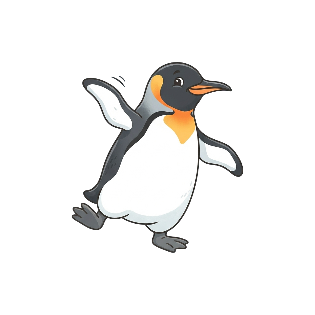 A cheerful cartoon penguin waving one flipper against a black background