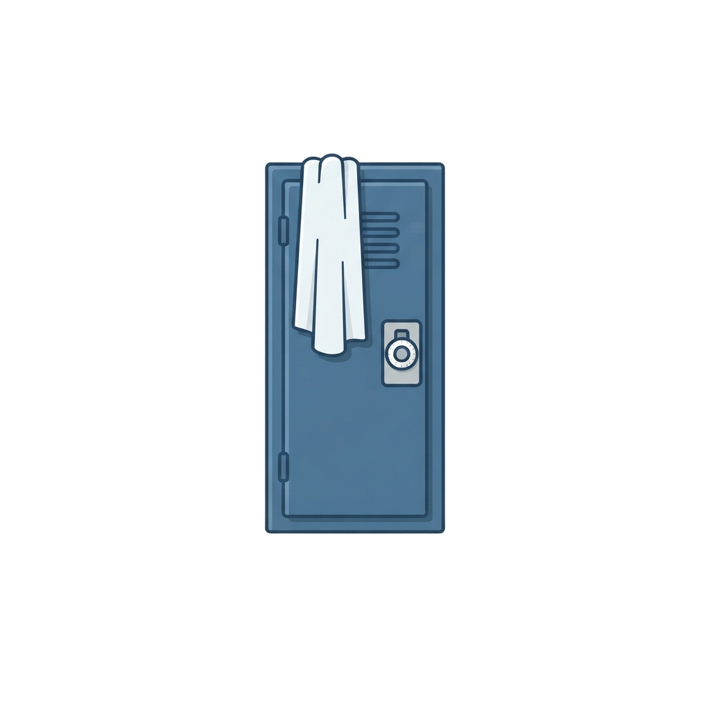 A blue locker featuring a white towel hanging on the handle and a small combination lock attached to the door