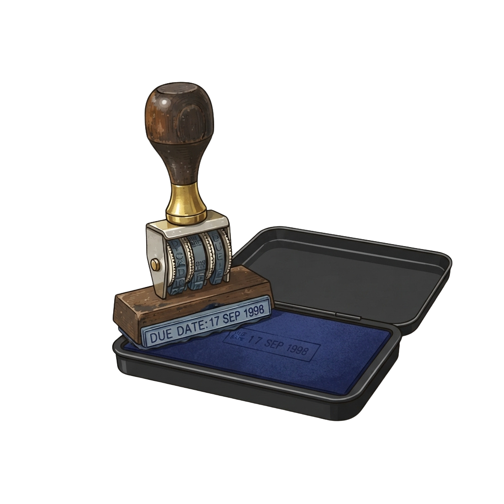 A vintage-style date stamp with a wooden handle and metal roller, placed on an open ink pad with a blue stamp pad.