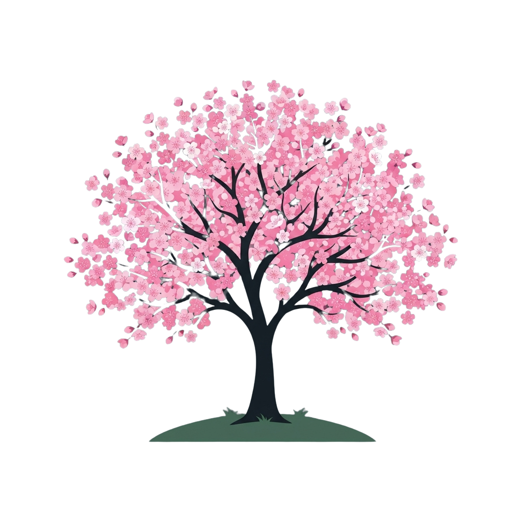 A stylized illustration of a cherry blossom tree with pink flowers against a black background