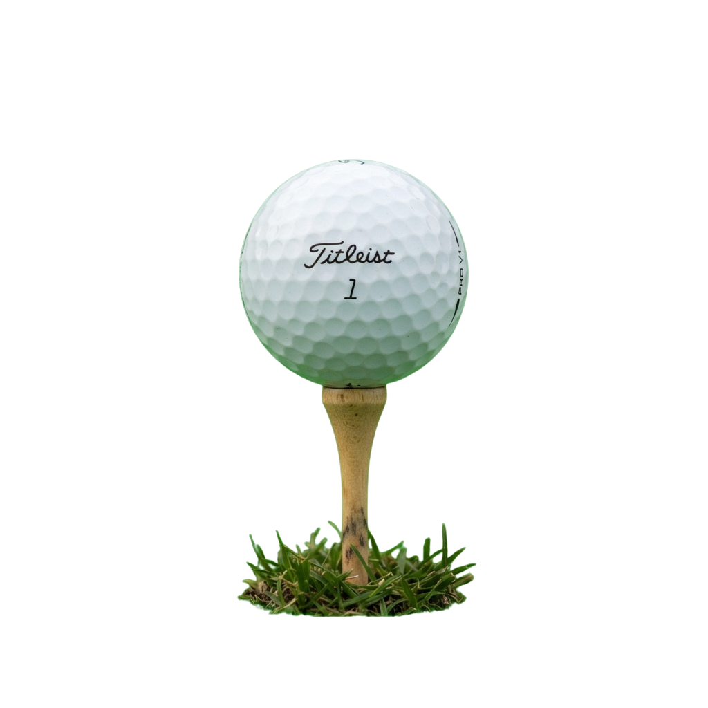 A white golf ball with green dimples marked with the number one, placed on a wooden tee with grass.