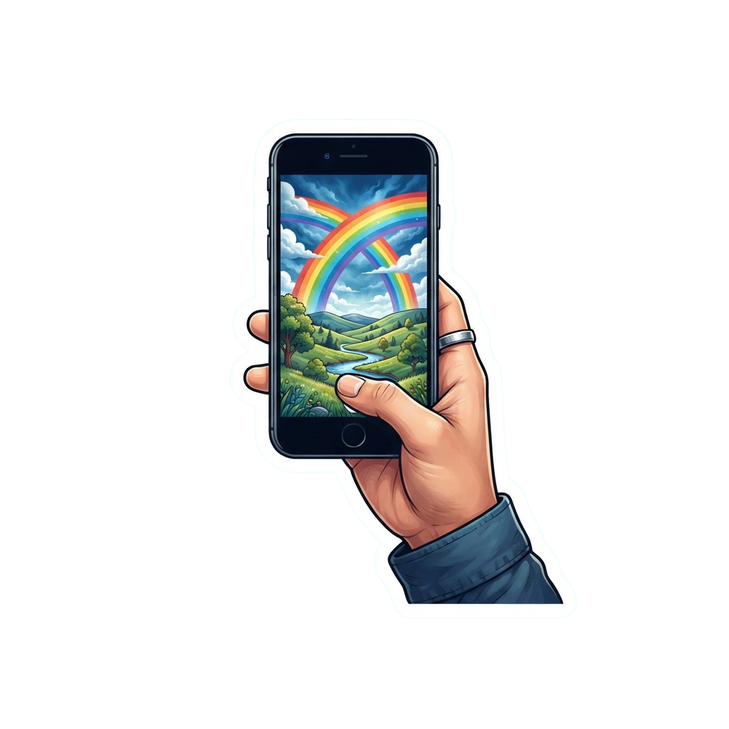 A hand holding a smartphone displaying a vibrant rainbow over green hills landscape wallpaper.