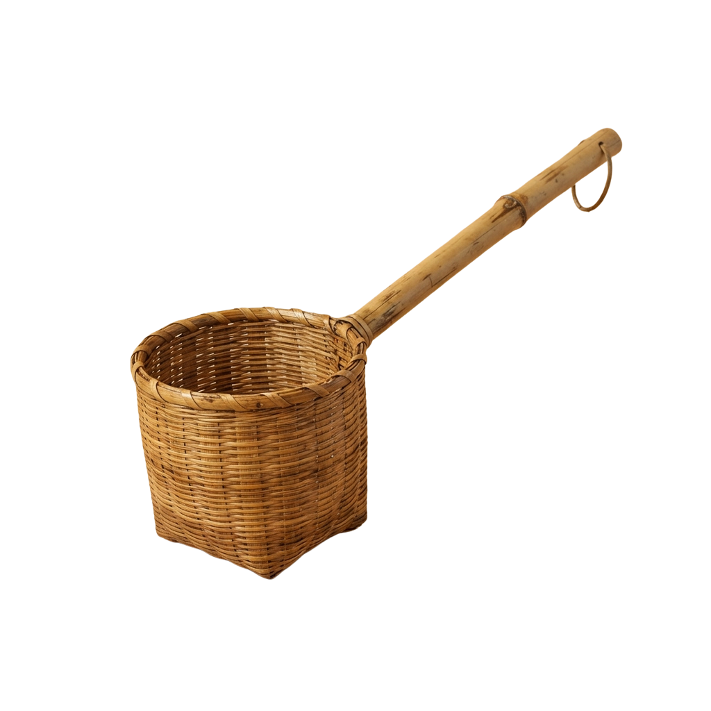 A woven basket scoop with a long wooden handle and a loop at the top for carrying.