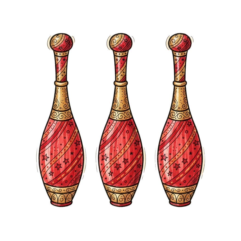 Three intricately designed ceramic bowling pins featuring red bodies with gold swirls and star patterns.