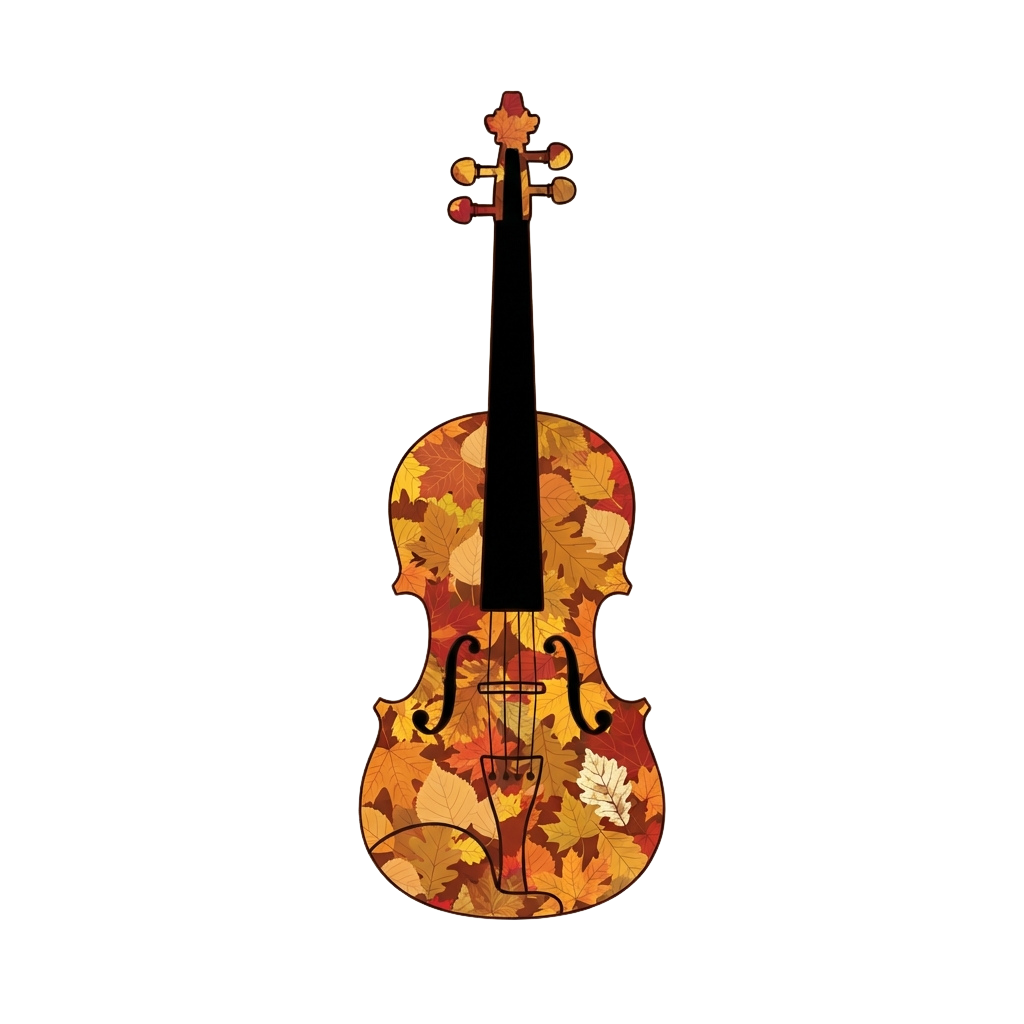 A stylized violin decorated with autumn leaves in shades of orange, yellow, and brown