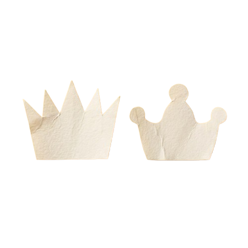 Two light-colored paper crowns, one with five points and one with three points and a ball on top.