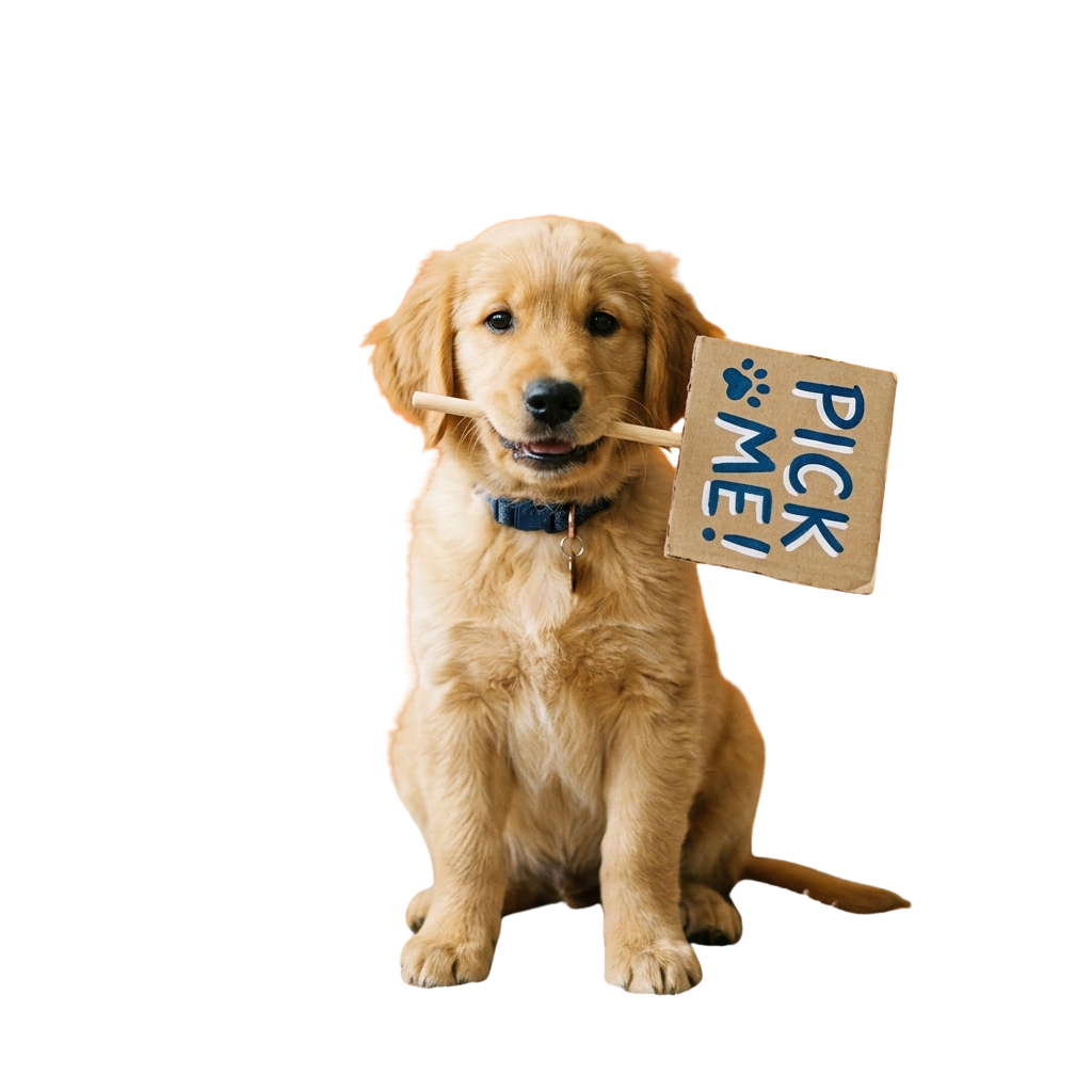 A cheerful golden retriever puppy holding a sign that says Pick Me and a stick in its mouth