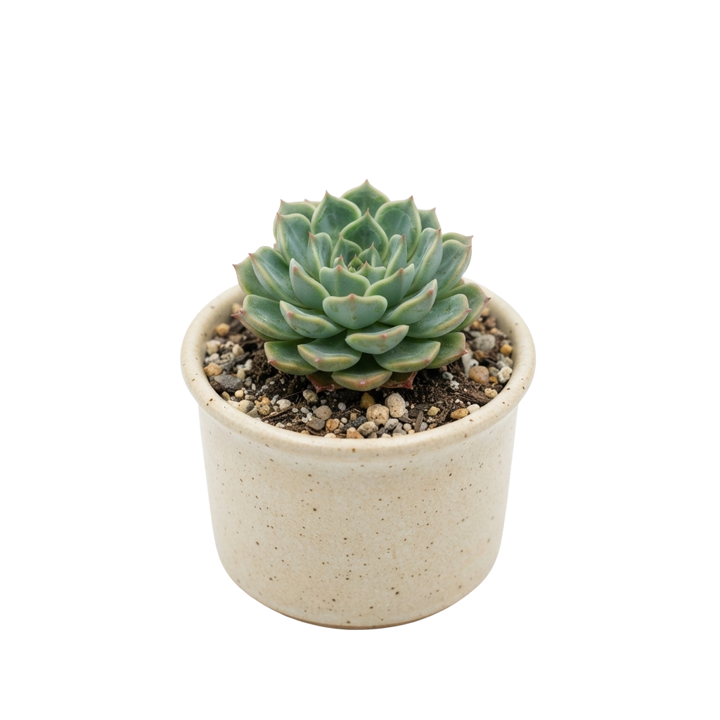 A small succulent plant with blue-green leaves in a light beige ceramic pot on a black background