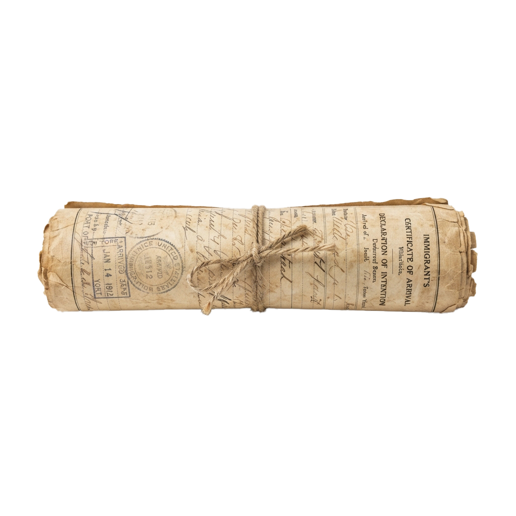 A rolled, aged document tied with twine showing immigrant arrival certificate and declaration of intention stamps and text