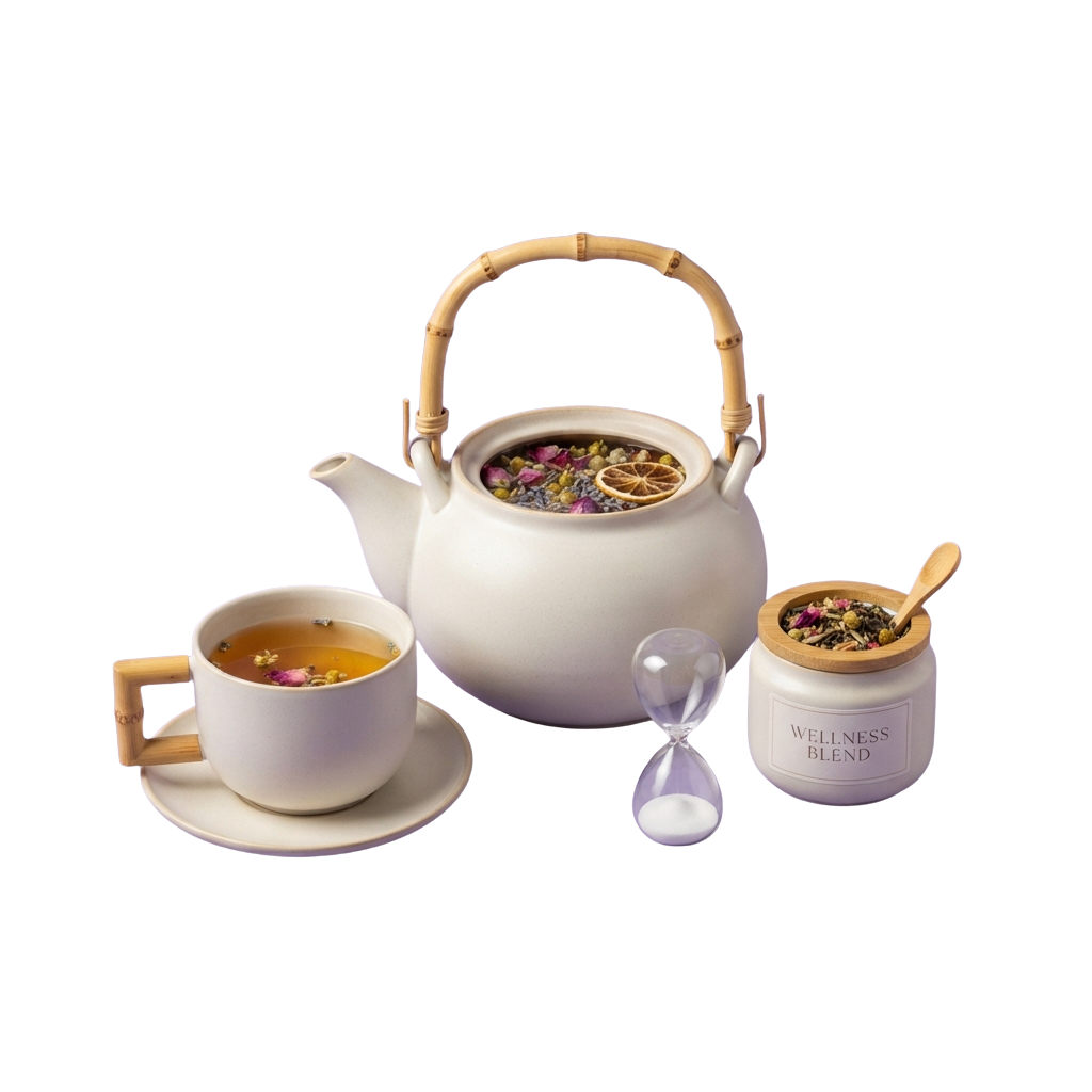 Ceramic Teapot and Wellness Tea Set PNG