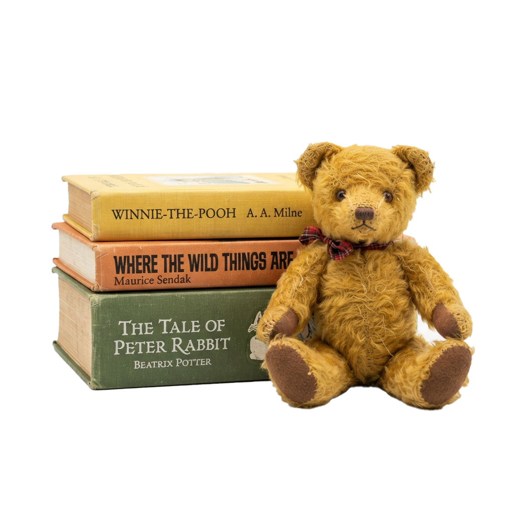 A vintage teddy bear sitting next to a stack of three classic children's books
