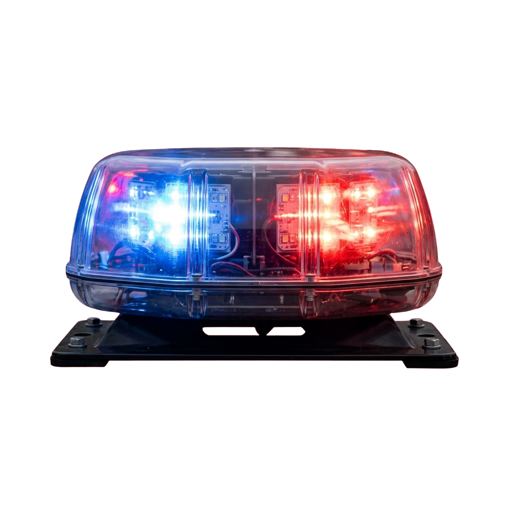 Emergency light bar with red and blue flashing lights on a black base