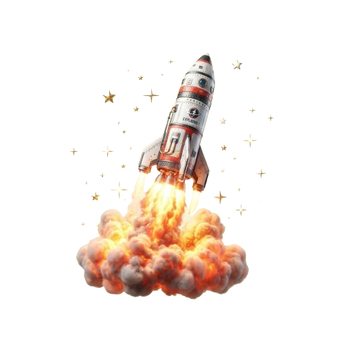 Illustration of a rocket launching with fire and stars in the background on a black space scene