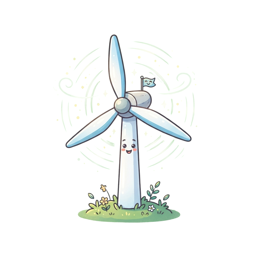 A smiling cartoon wind turbine with three blades standing on a patch of grass under a starry sky
