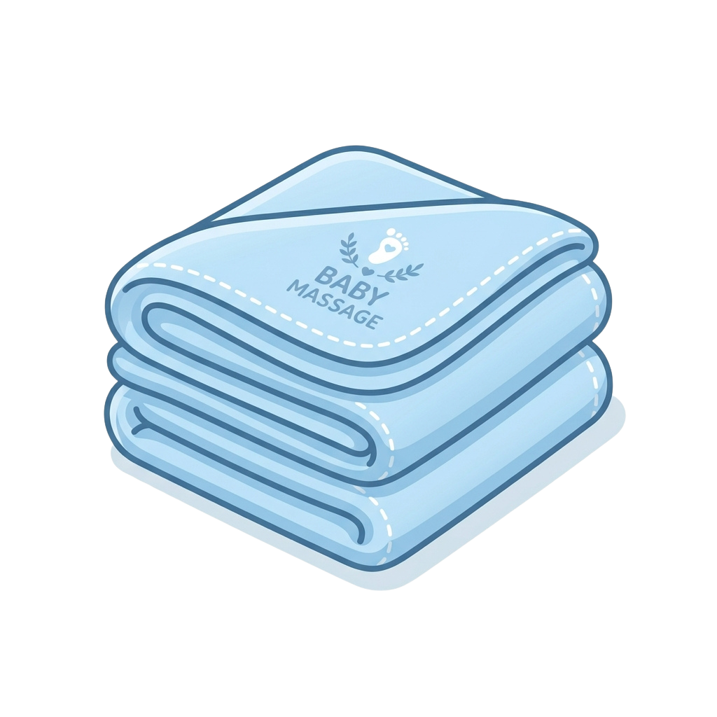 Stack of three light blue baby massage towels with text and foot icon