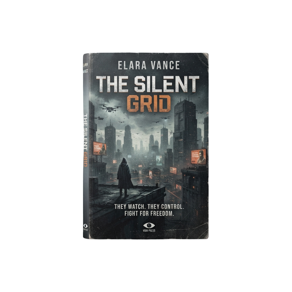 Book cover showing a dark futuristic city with a lone figure standing under surveillance drones and screens displaying text.