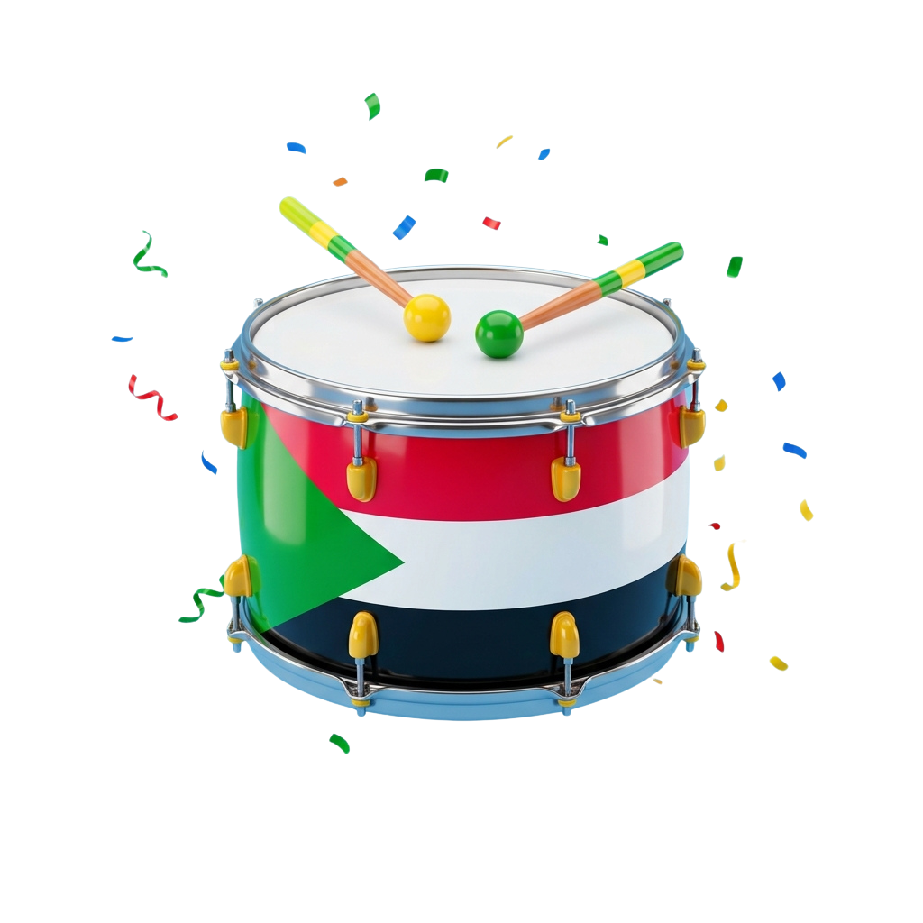 A snare drum with red, white, and green colors, two drumsticks, and confetti around it