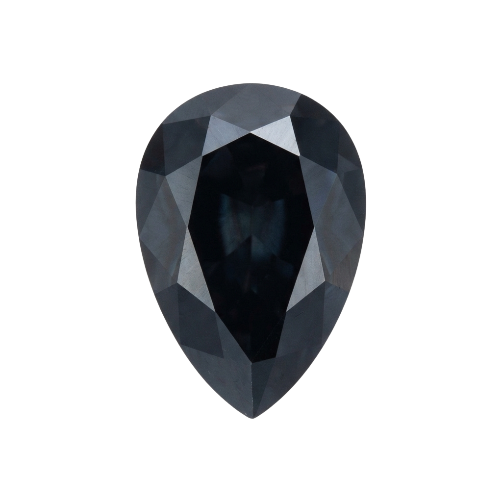 Close-up image of a faceted oval cut black diamond gemstone against a dark background