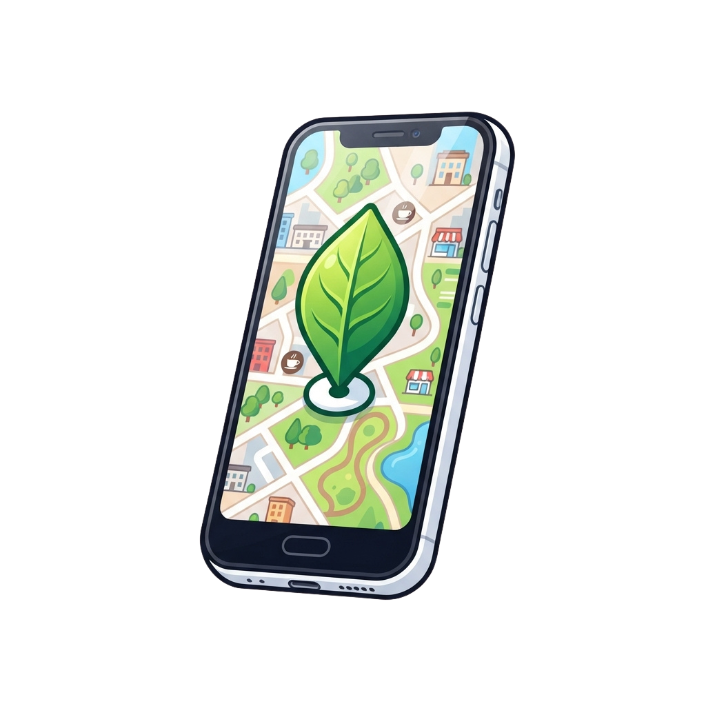 Smartphone displaying a map with a large green leaf icon at the center location pin