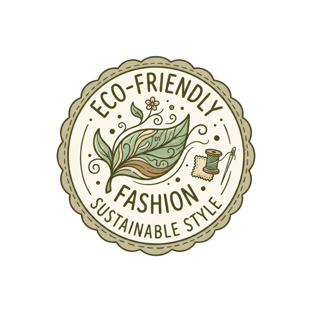 Circular badge showing eco-friendly fashion with leaf, thread, and needle illustration