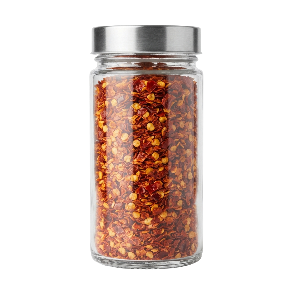 A clear glass jar filled with dried red chili flakes and small pieces of chili peppers, sealed with a metal lid.