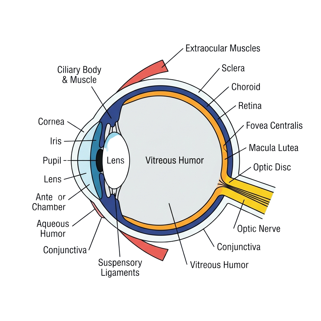 Diagram of a human eye cross-section highlighting the vitreous humor area and surrounding layers