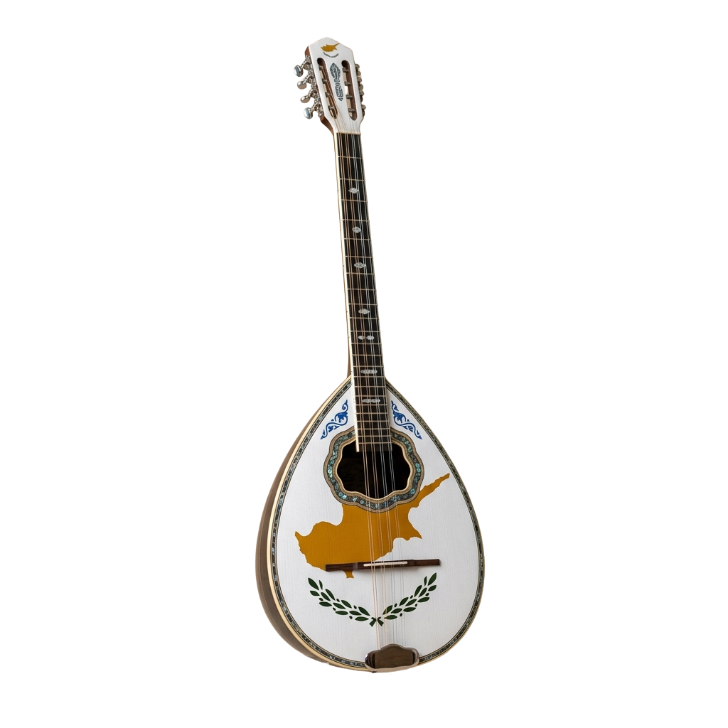Decorative bouzouki guitar featuring the Cypriot flag and laurel wreath design on its body