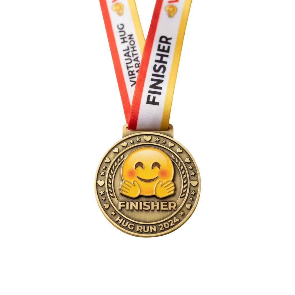 Gold finisher medal for Hug Run 2024 virtual event featuring a smiling emoji with arms outstretched