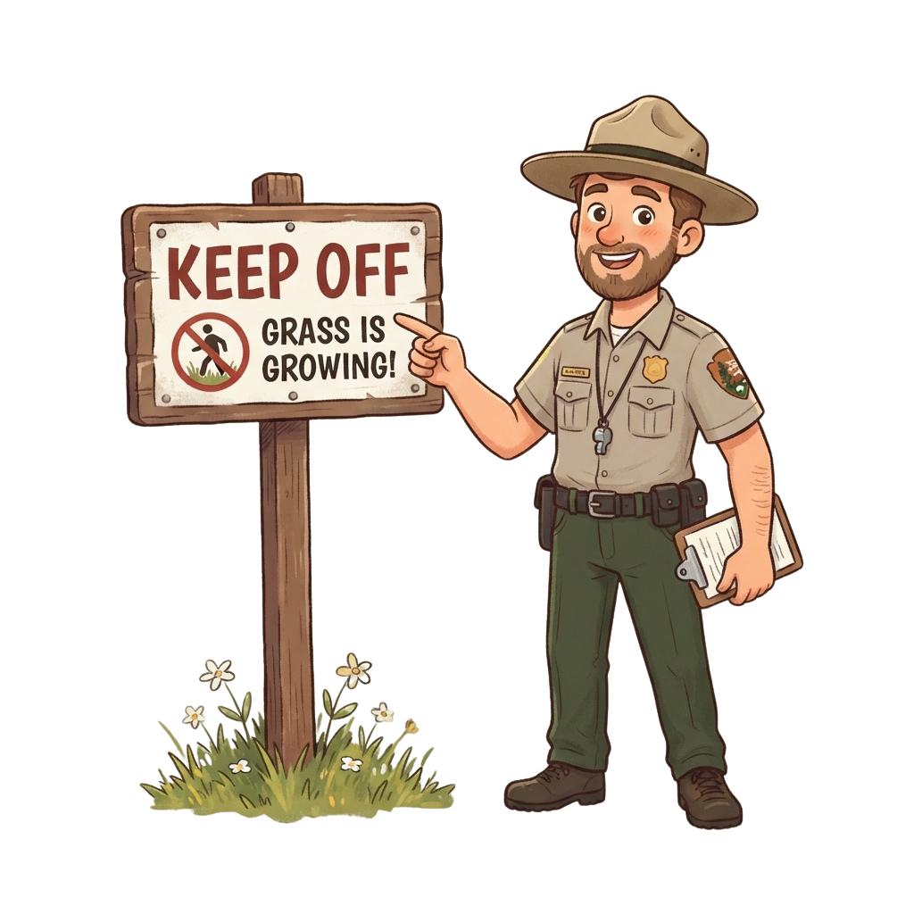 Illustration of a park ranger pointing to a wooden sign that says Keep Off Grass Is Growing with a no walking symbol