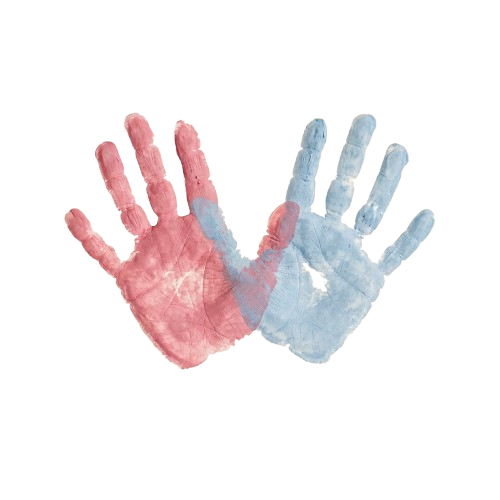 Two handprints touching fingertips, one pink and one blue, against a black background