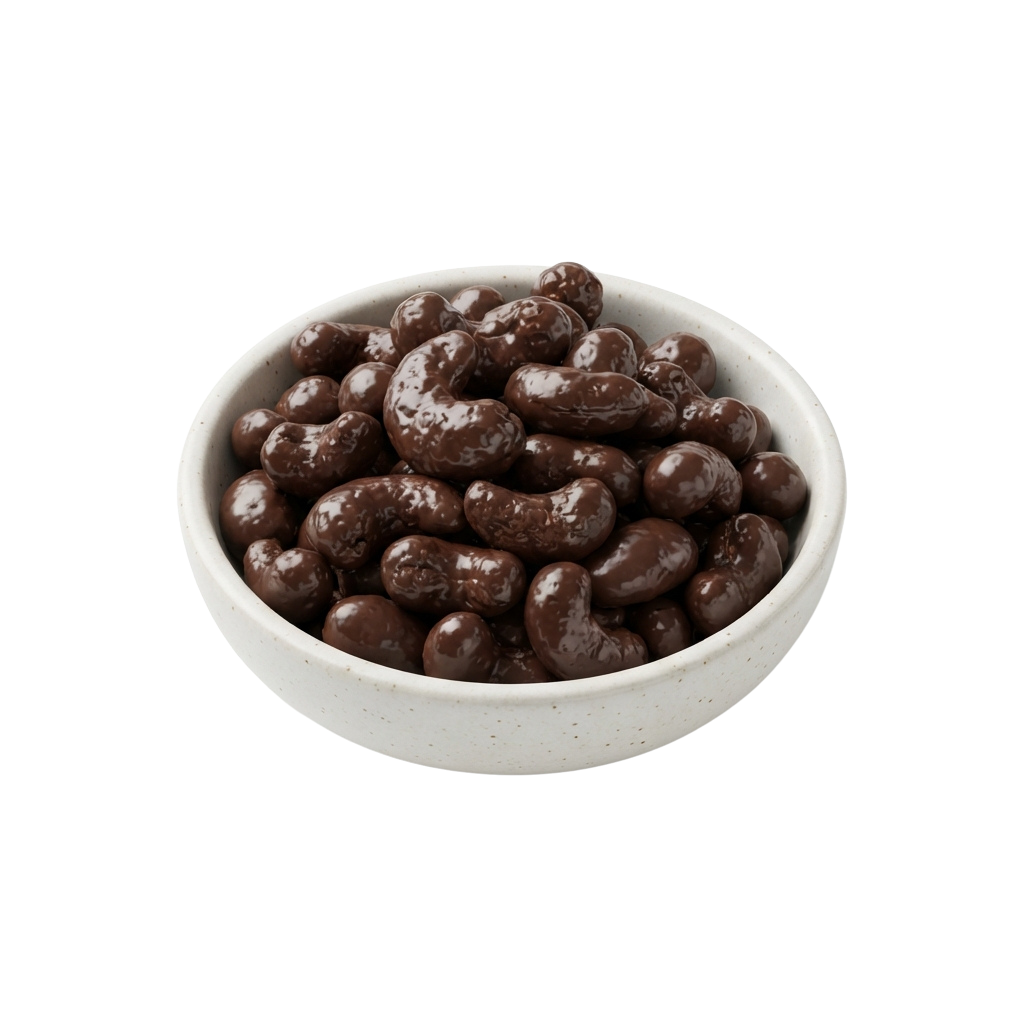 A white bowl filled with dark roasted coffee beans.