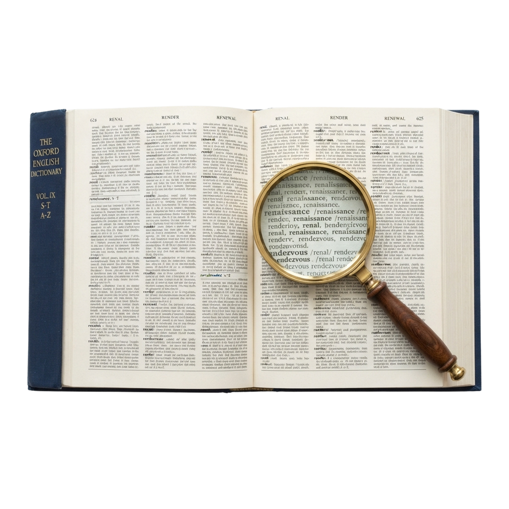 An open vintage dictionary with a magnifying glass highlighting the word renaissance on the page