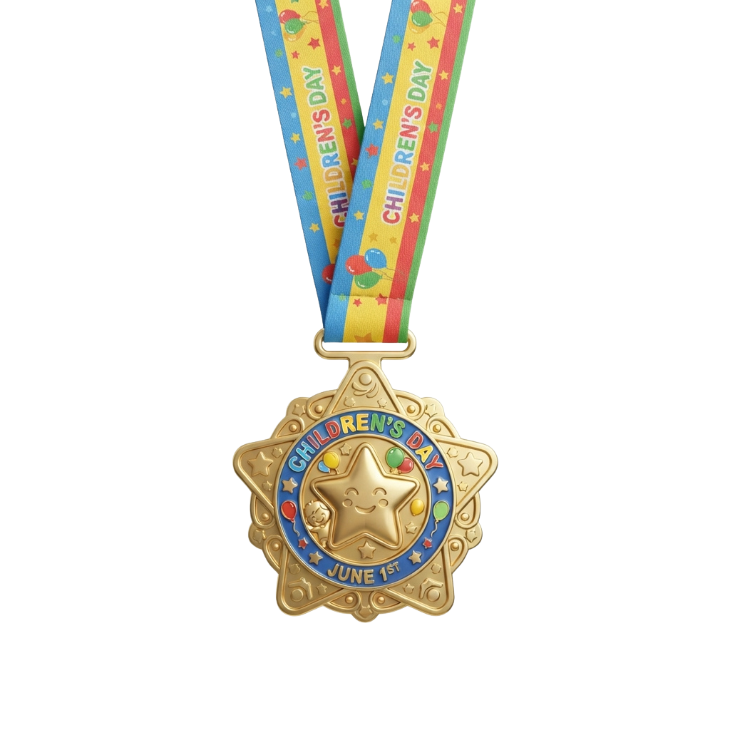 Gold star-shaped medal with Children's Day text and colorful ribbon celebrating June 1st