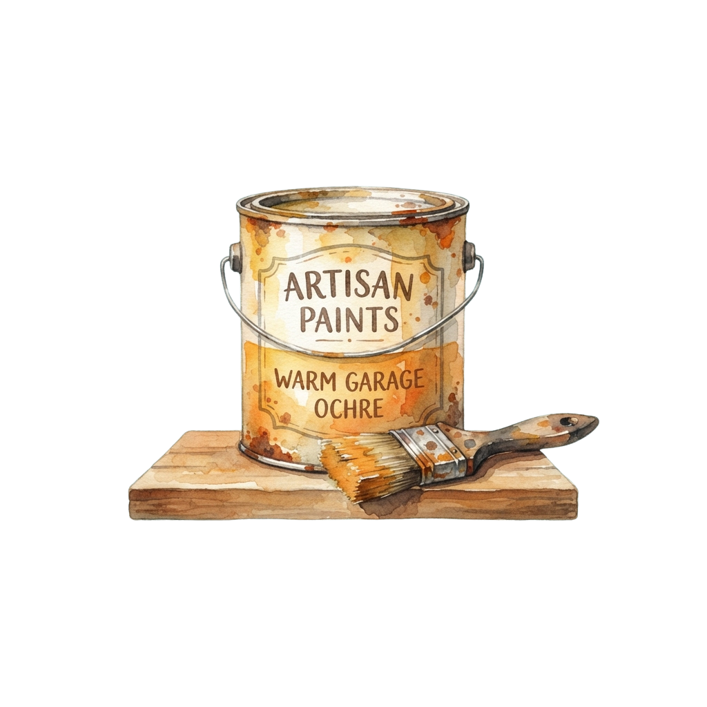 Illustration of a paint can labeled Warm Garage Ochre and a paintbrush on a wooden surface