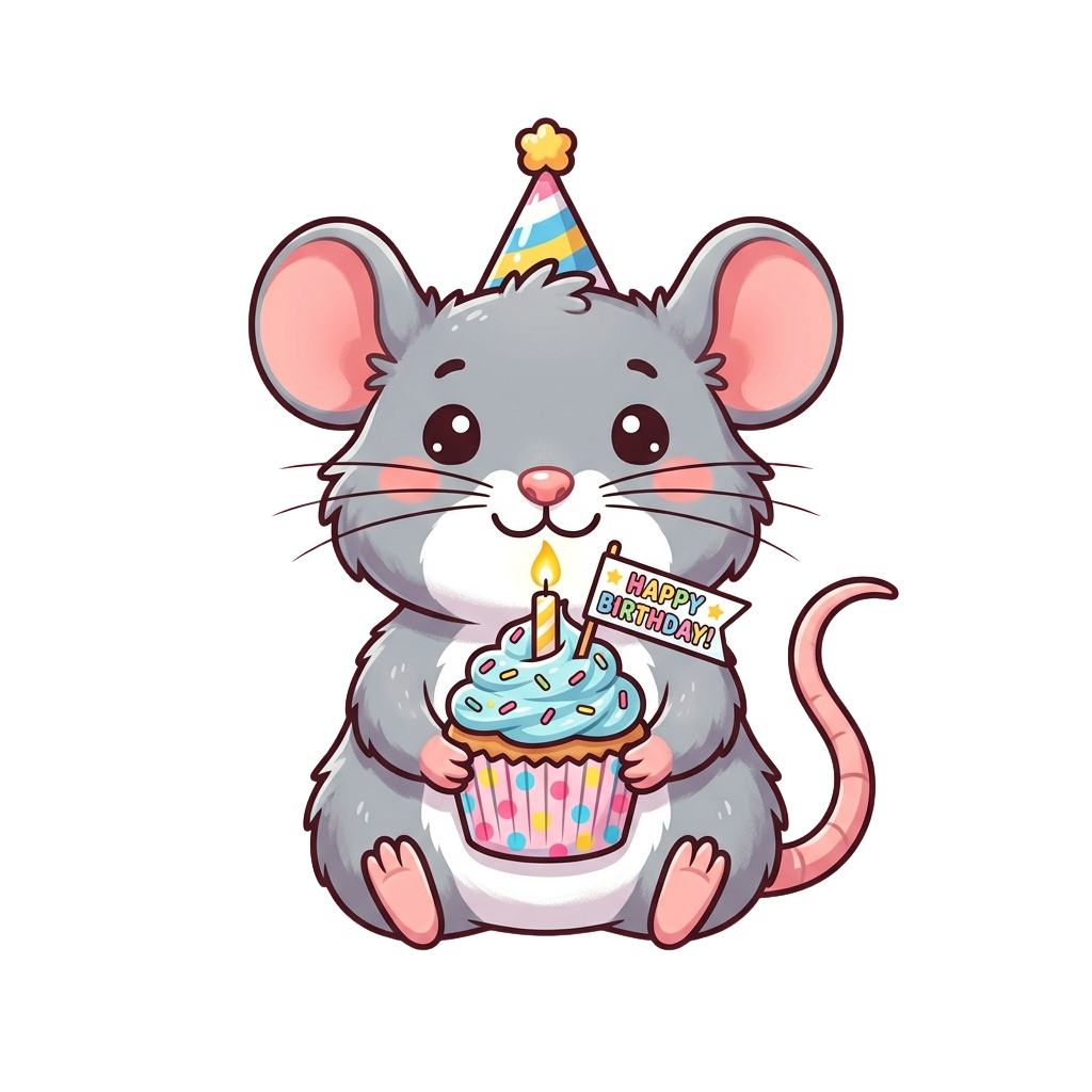 A cheerful cartoon mouse wearing a party hat holds a lit birthday cupcake with Happy Birthday banner