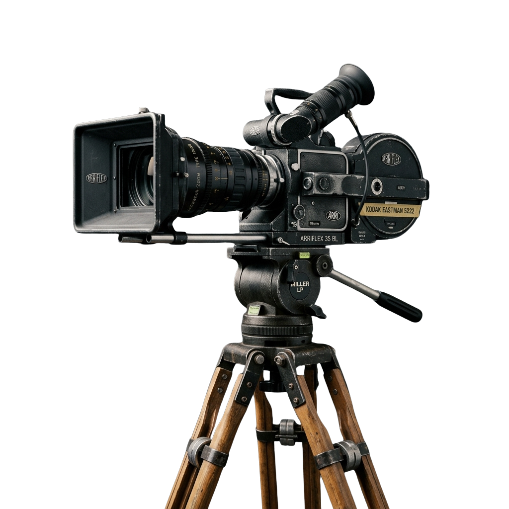 A classic film camera mounted on a sturdy wooden tripod against a dark background