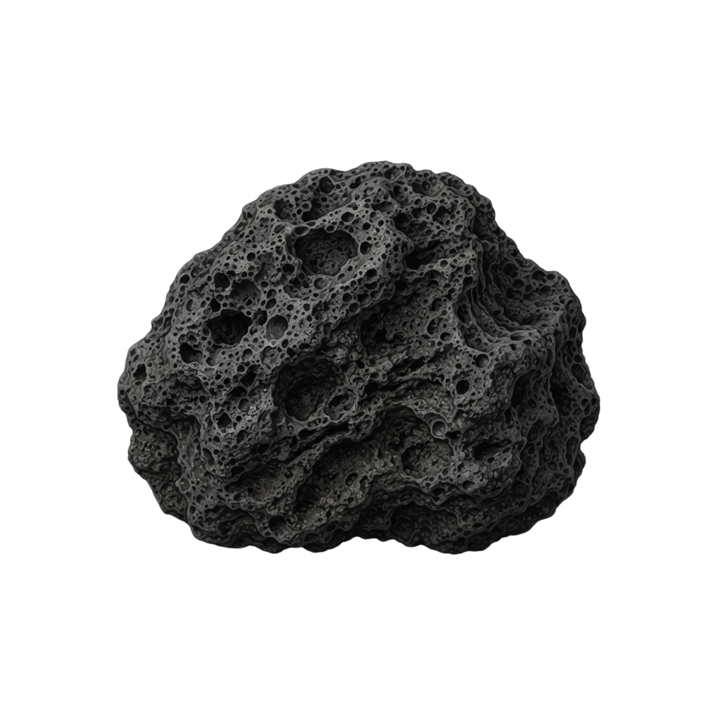A detailed view of a rough, porous, and irregularly shaped rocky surface with numerous cavities and holes.