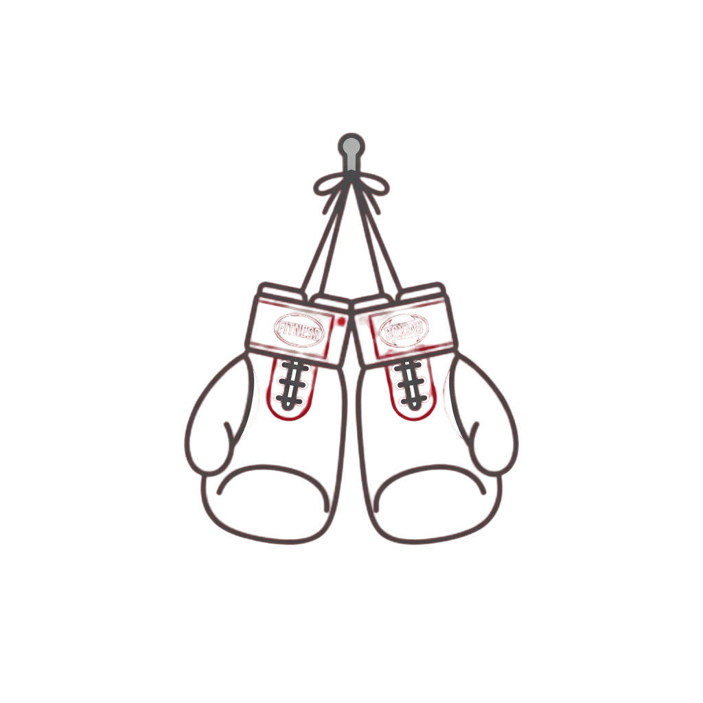 Two red and black boxing gloves hanging side by side on a hook against a dark background