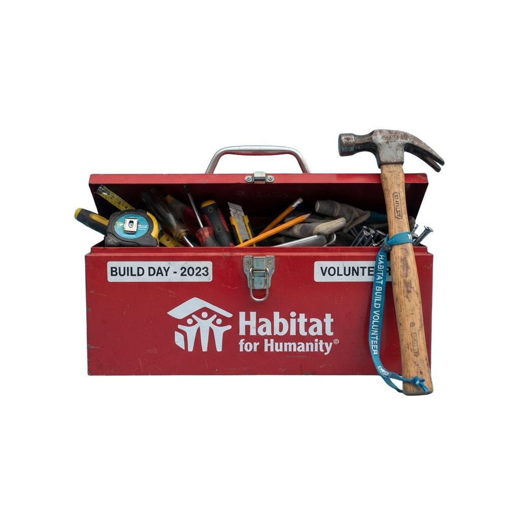Red toolbox labeled Habitat for Humanity Build Day 2023 with tools and a hammer attached to the side