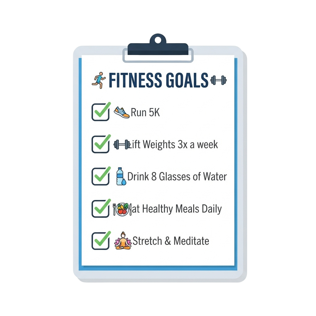 Clipboard displaying five fitness goals with icons: run 5K, lift weights, drink water, eat healthy meals, stretch and meditate