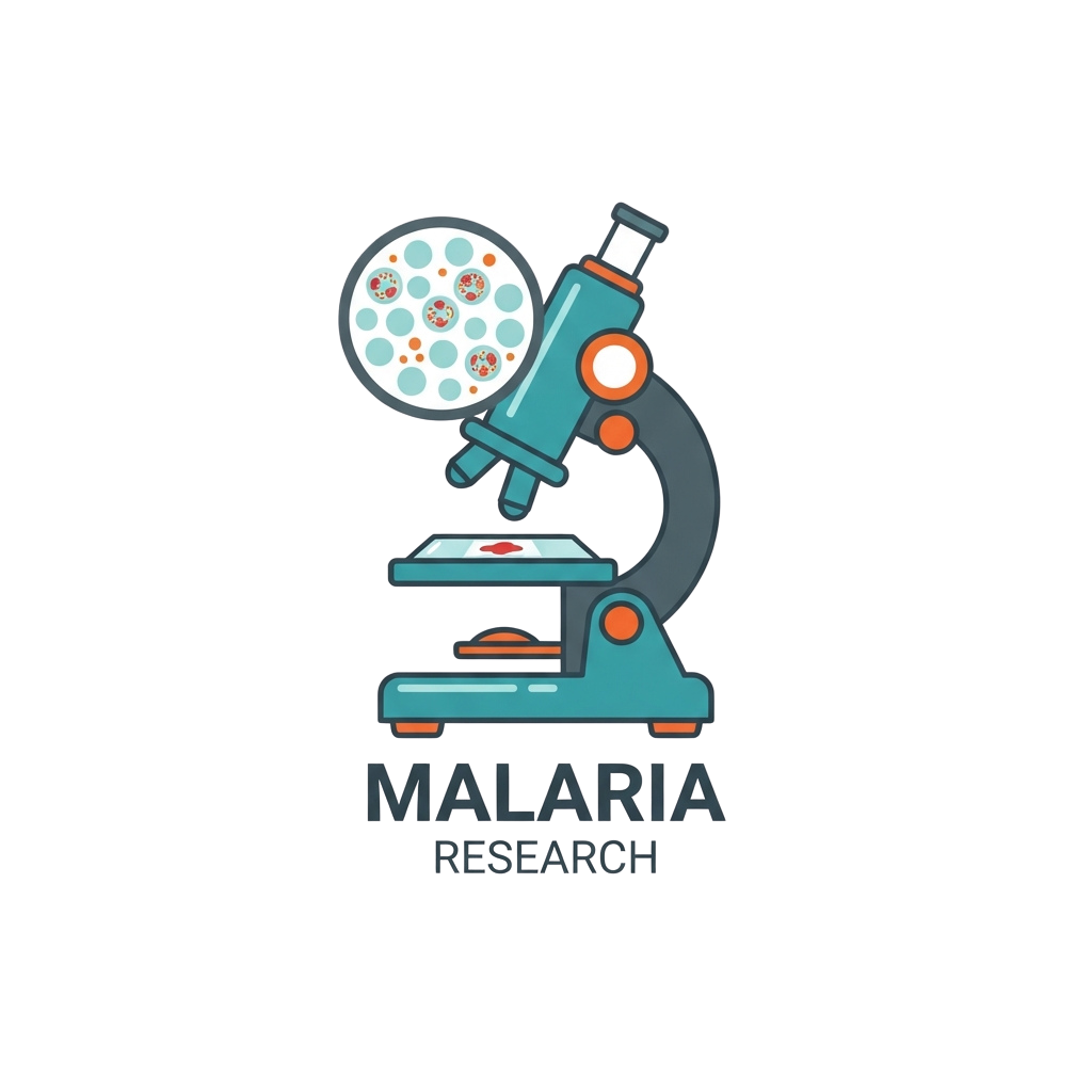 Microscope showing malaria parasites under a slide, labeled Malaria Research