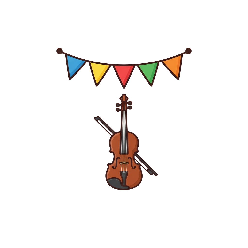 A violin graphic beneath a string of colorful triangular bunting flags in blue, yellow, red, green, and orange