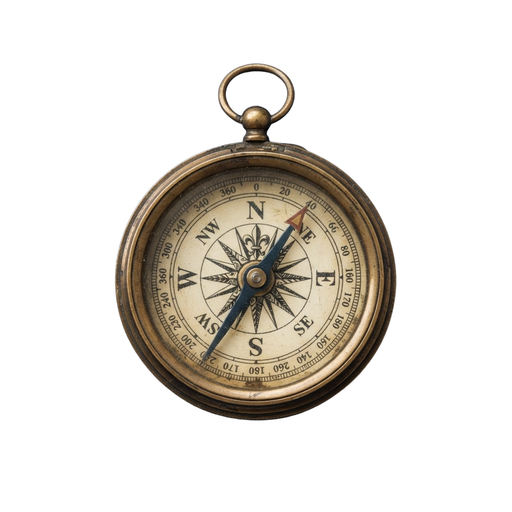 Close-up of an old brass pocket compass with a blue needle pointing slightly right of north