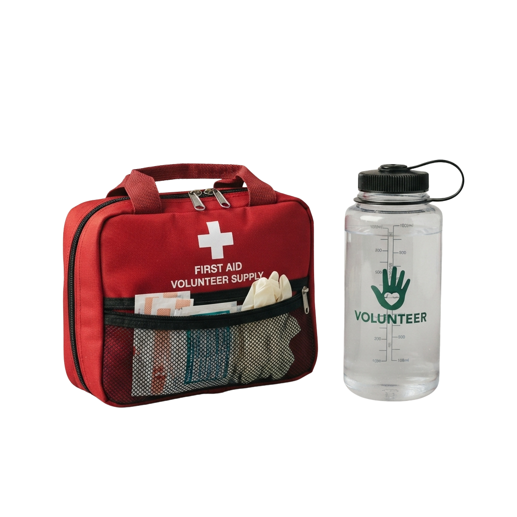 Red first aid kit labeled volunteer supply with medical supplies and a clear water bottle branded volunteer with a hand symbol