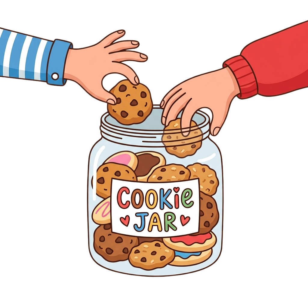Two children reaching into a clear jar labeled Cookie Jar filled with various cookies