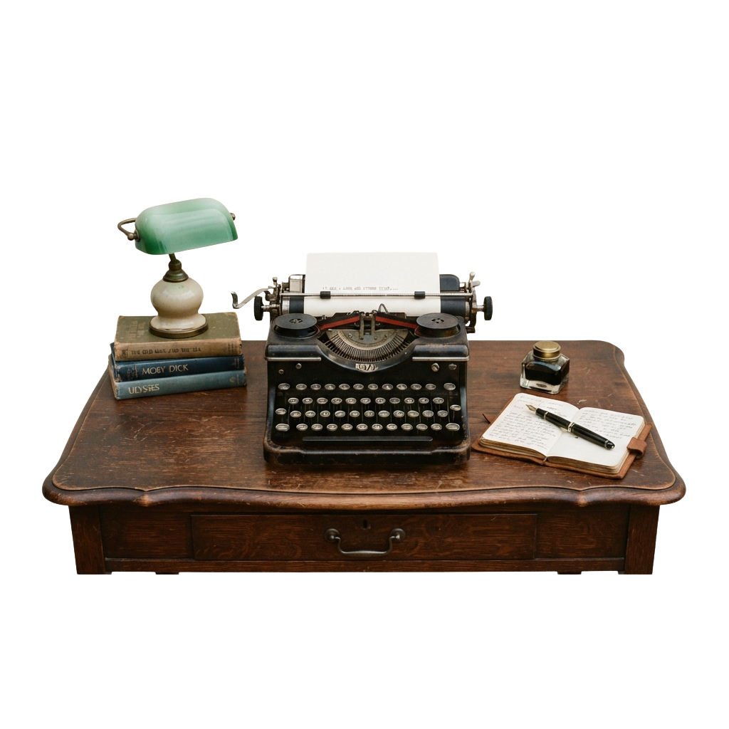 A wooden desk with a vintage typewriter, lamp, books, inkwell, and notebook.